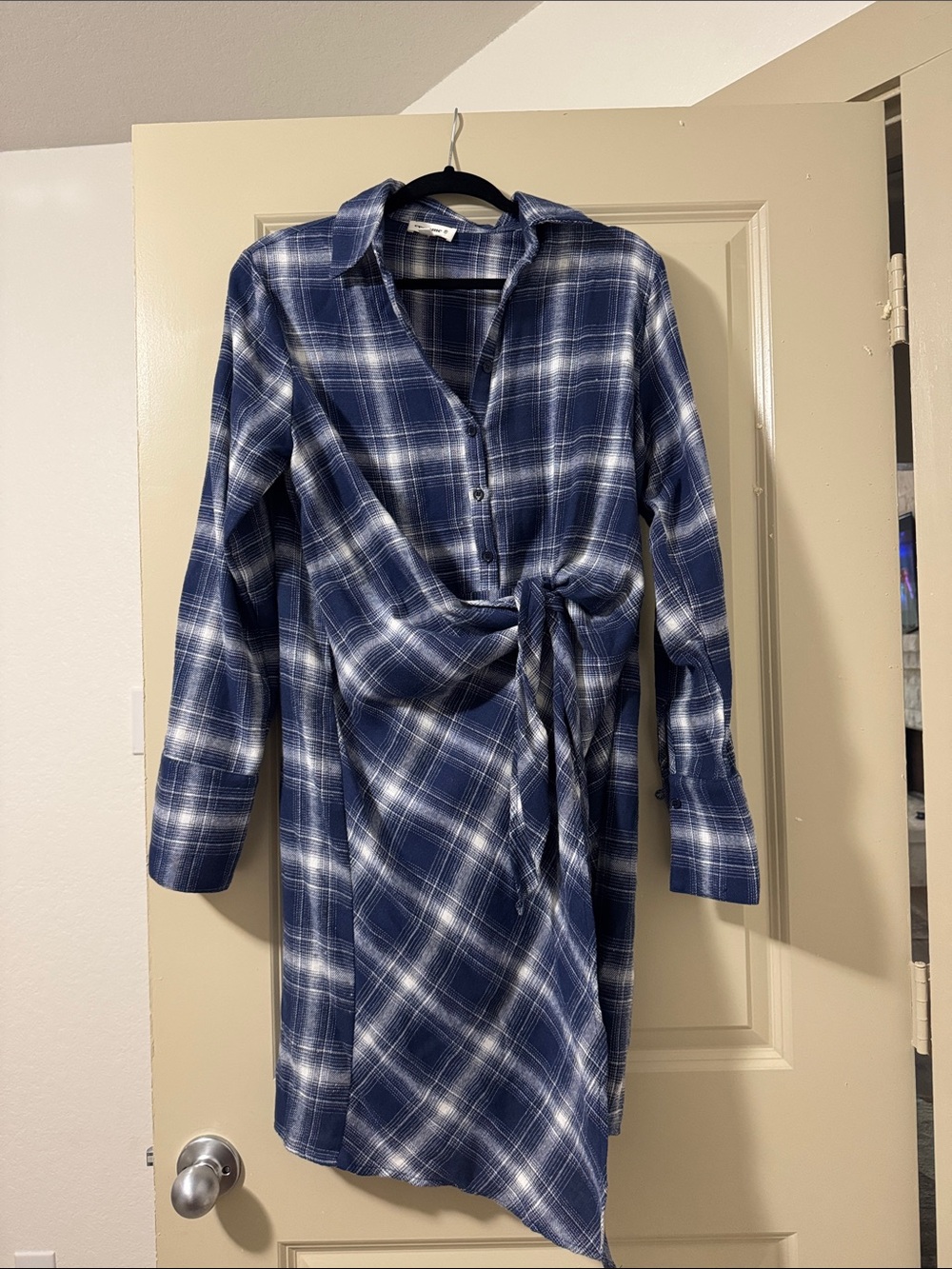 Plaid Flannel Tie-Waist Shirt Dress - Blue